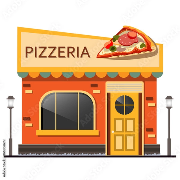 Obraz Fasada pizzerii miasta na białym tle.
