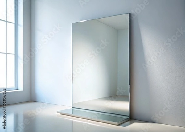 Obraz Floating wall mirror with reflective glass surface against pristine white backdrop