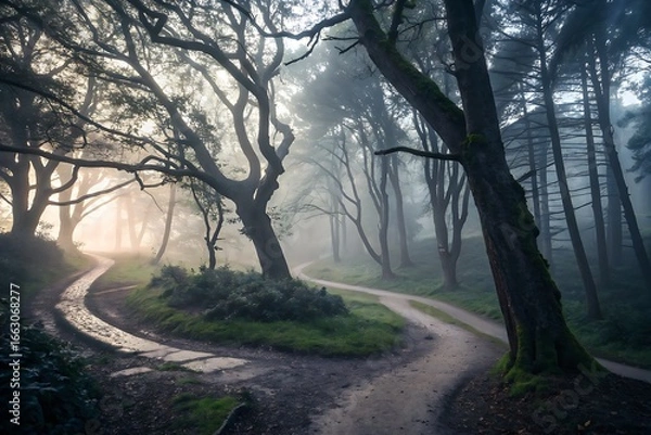 Fototapeta Misty Forest Pathway Curving Through Dense Trees in Morning Light and Foggy Atmosphere