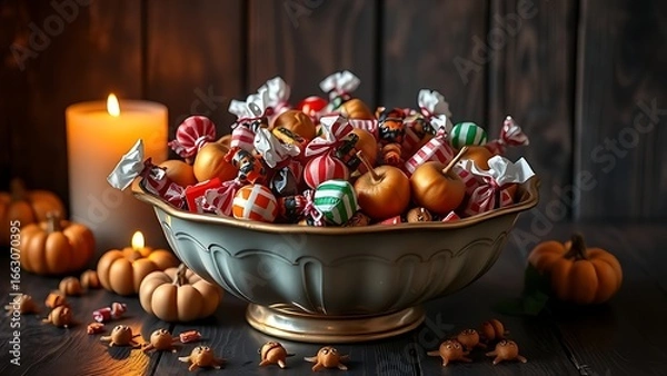 Obraz A vintage candy bowl filled with treats and caramel apples, warm candlelight reflecting, nostalgic Halloween atmosphere.