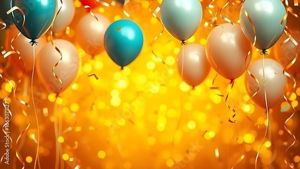 Obraz A festive golden frame filled with floating balloons and swirling confetti, capturing a lively celebration atmosphere.