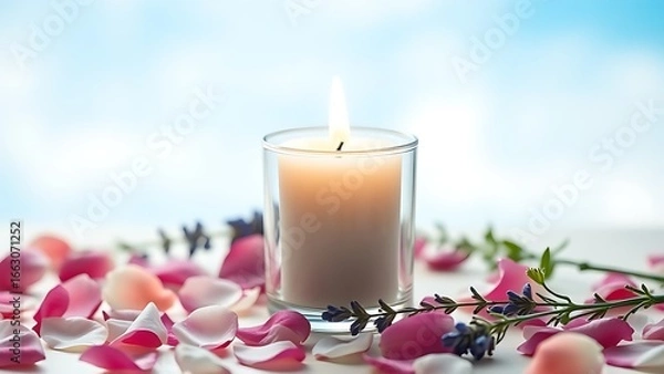 Obraz A solitary white candle burning amidst rose petals and lavender, casting a tranquil glow against a soft blue backdrop.