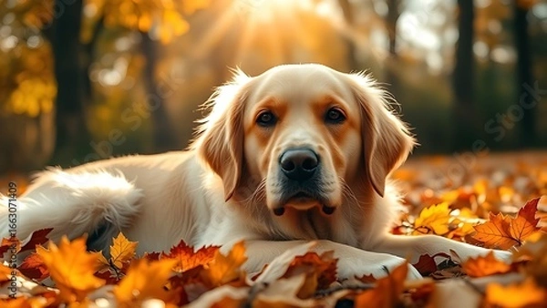 Fototapeta Golden retriever resting peacefully among autumn leaves, bathed in warm sunlight with a soft background.