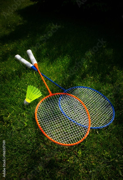 Obraz Two badminton racket on the sunny bright grass green fresh background. Photo depicts two colorful shuttlecock rackets in the garden, funny game competition start concept. Closeup, macro view.