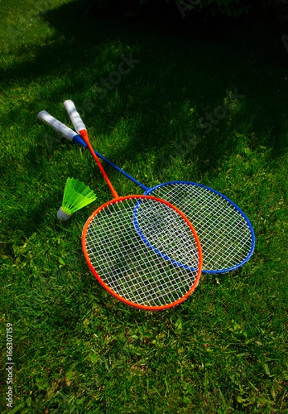 Obraz Two badminton racket on the sunny bright grass green fresh background. Photo depicts two colorful shuttlecock rackets in the garden, funny game competition start concept. Closeup, macro view.