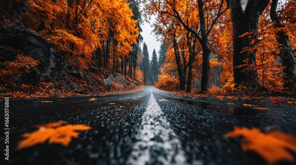 Fototapeta Scenic Autumn Road with Vibrant Orange Foliage and Wet Asphalt, Featuring a White Center Line Guiding Through a Forest Landscape, Perfect for Travel and Nature Photography