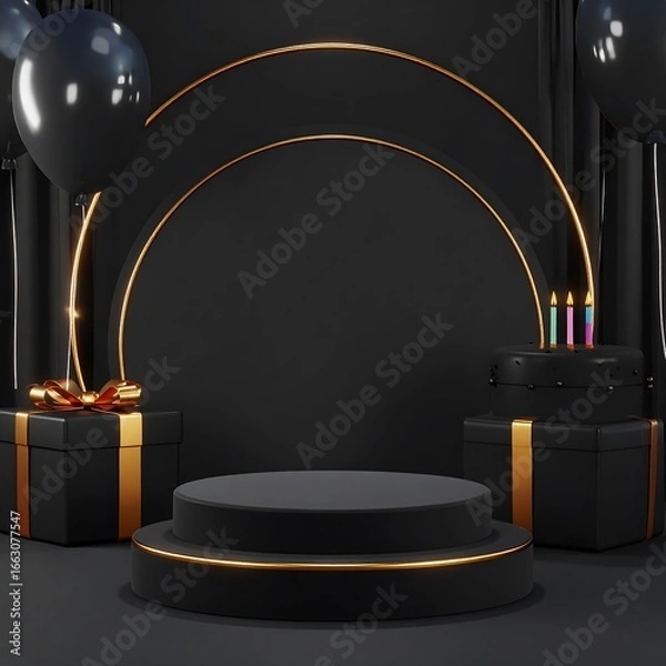 Obraz Black birthday display with gifts and cake