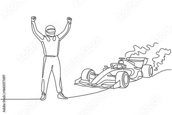 Fototapeta Formula 1 driver celebrates victory next to smoking race car