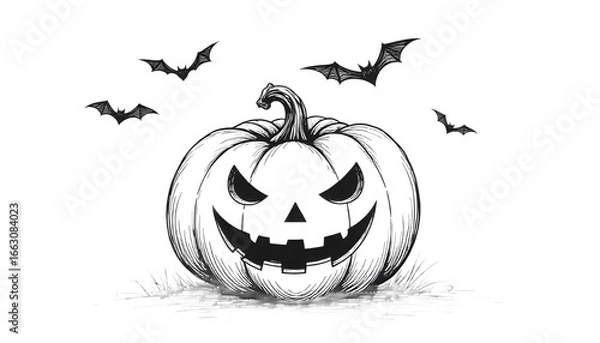 Fototapeta "Hand-drawn Halloween sketch of pumpkin, bats, spider web, and old creepy tree on white background."
