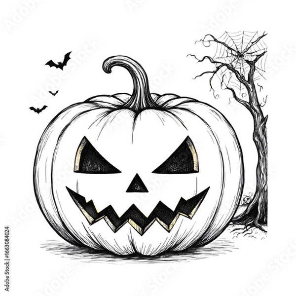 Fototapeta "Hand-drawn Halloween sketch of pumpkin, bats, spider web, and old creepy tree on white background."