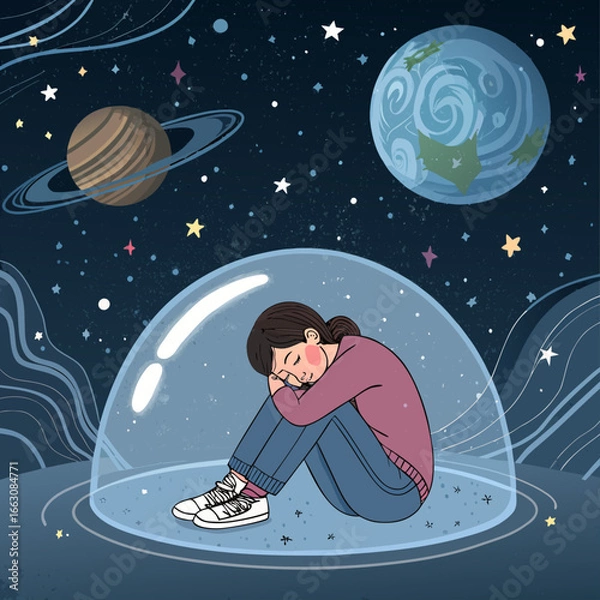 Fototapeta Woman curled up inside a protective bubble in space, A metaphor for escapism and introversion, Vector art for prints - Generative AI
