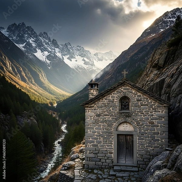 Fototapeta Mountain chapel, valley, dramatic light