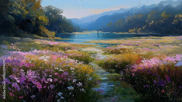 Fototapeta 豊かな自然を背景にした花畑と森を油絵で表現した芸術的な風景イラスト。鮮やかな色彩と奥行きのある構図が調和し、広告や背景素材に最適な印象的な一枚。