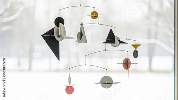 Fototapeta An artistic mobile sculpture hangs gracefully in front of a window, creating a modern and elegant scene. The sculpture features a balance of shapes and colors