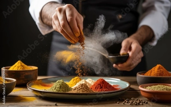 Fototapeta Chef sprinkling spices on a plate, adding flavor to a culinary creation