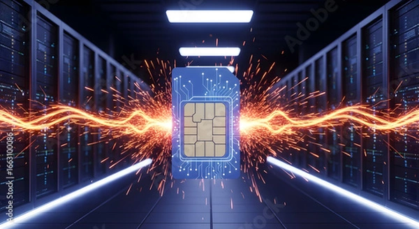 Fototapeta SIM Card Data Transfer: Server Room Connection