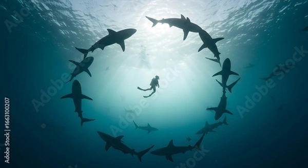 Fototapeta Diver and sharks circle underwater