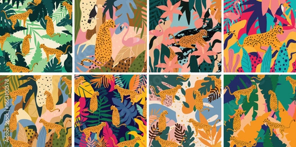 Fototapeta Trendy and modern wildlife pattern with leopards. Leopards and leaves vector illustration design