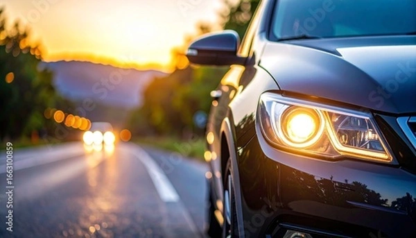 Fototapeta Modern Car Headlight and Chrome Grille Closeup with Sleek Front Automobile Design Ideal for Vehicle Marketing, Transport Concepts, and Advertising
