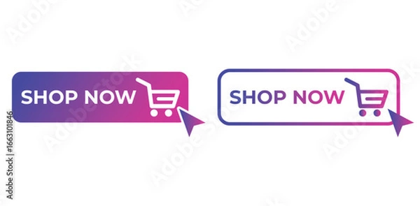 Fototapeta Shop now buttons. Set of shop now buttons with cart icon. Buy now button for online shop. Call for action buttons. Modern colorful buttons for website design. Vector illustration.