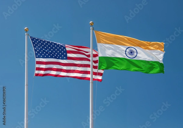 Fototapeta American and Indian flags are waving against a clear blue sky symbolizing unity collaboration