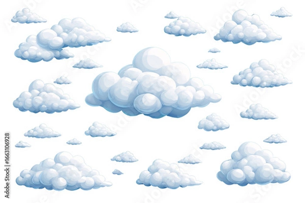 Obraz A bright, fluffy cartoon cloudscape with a seamless vector pattern of clouds against a blue sky, perfect for a summer wallpaper design