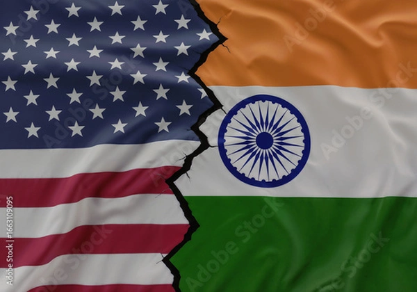 Fototapeta US India flags divide depicts complex relationship tension negotiation resolution needed
