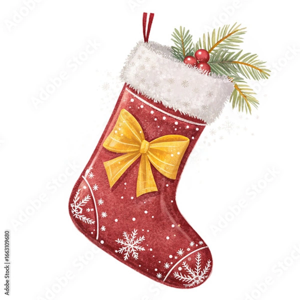 Fototapeta Shiny red Christmas stocking on transparent background for winter holiday posters, seasonal branding, festive invitations and decorative projects