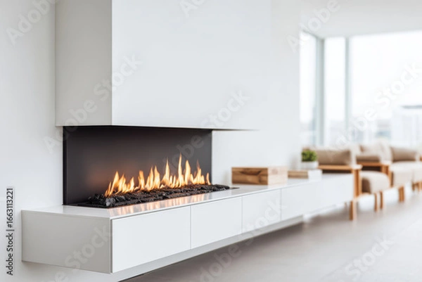 Fototapeta minimalist photograph focusing on stylish fireplace adorned with ultrabright digital logs
