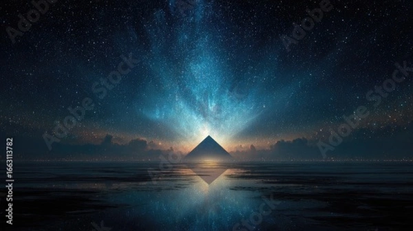 Fototapeta Futuristic pyramid under starry sky reflection