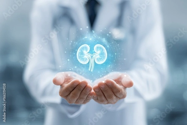 Obraz Doctor's hands gently cradling a glowing digital kidney model