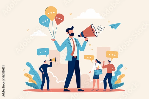 Fototapeta Communication or PR, Public Relations manager to communicate company information and media, announce sales or promotion concept 