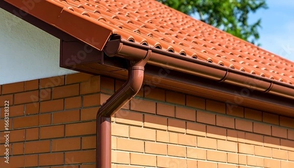 Obraz Brown gutter system on brick house exterior