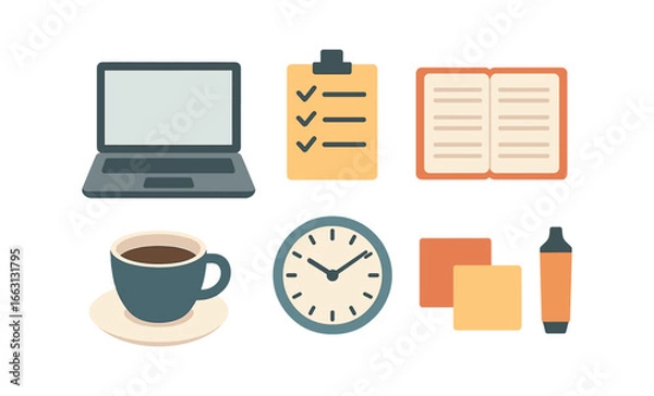 Fototapeta Flat design office essentials with coffee, laptop, clock, and notebooks