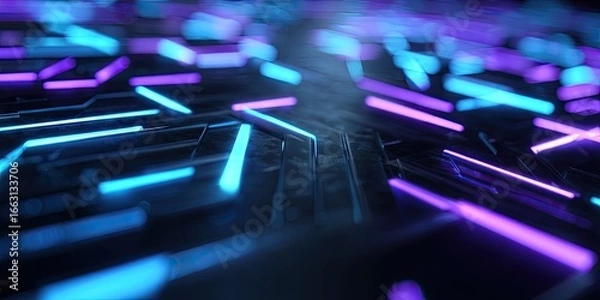 Fototapeta Abstract neon light streaks on dark surface forming intricate pattern