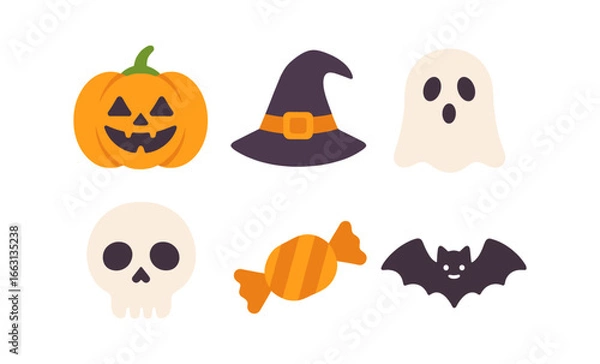 Fototapeta Glowing halloween icons: pumpkin, witch hat, ghost, skull, candy, bat on dark background