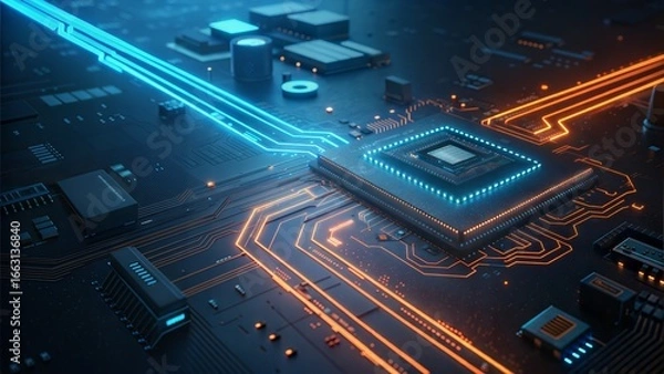 Fototapeta A closeup of a glowing circuit board with vibrant blue and orange pathways. Highlighting the intricate network of data flow and advanced technology.