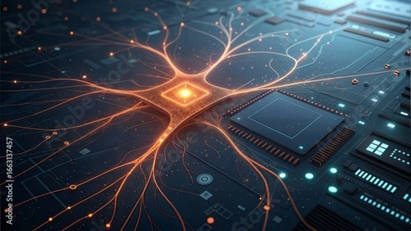 Obraz A digital brain with glowing neuron pathways, showcasing the intersection of technology and the human mind on a futuristic motherboard circuit board.