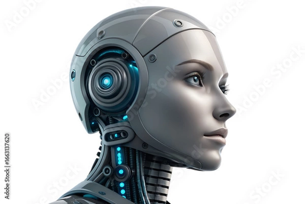 Obraz Profile view of a sophisticated female humanoid robot with a realistic human face, illustrating the concept of advanced artificial intelligence and cyborg technology
