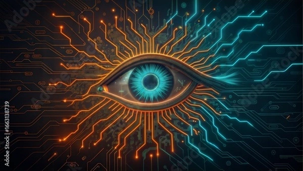Obraz A stylized eye formed from digital circuitry with neon highlights the image evokes themes of artificial intelligence, future technology and surveillance.