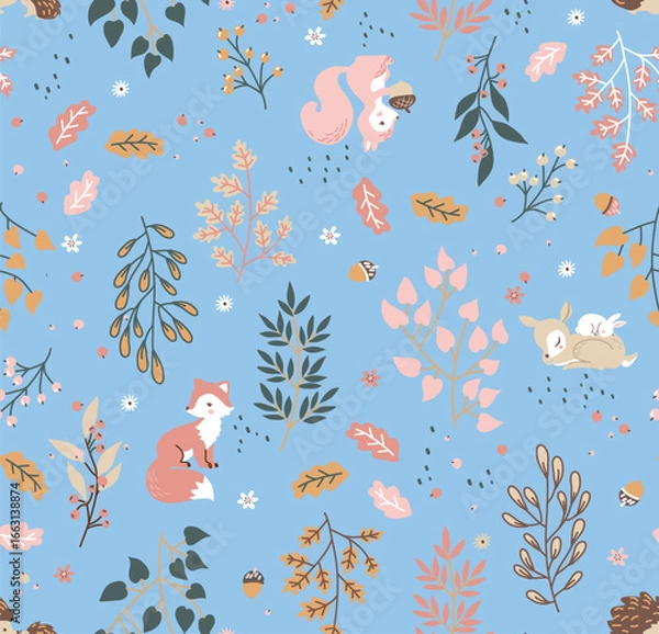 Fototapeta Forest seamless pattern with cute animals - fox, deer, squirrel, rabbit, hedgehog. A pattern of leaves and berries. Vector illustration