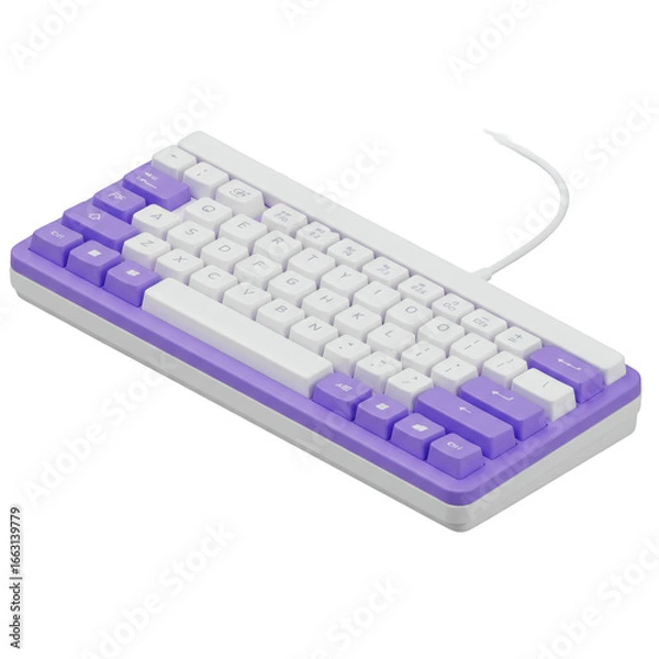 Fototapeta A white and purple computer keyboard with a cable, presented in a studio shot. Isolated on a Transparent Background, PNG, Cutout
