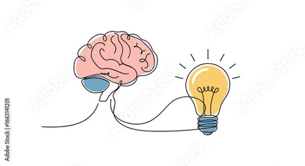 Fototapeta Creative idea generation concept with glowing light bulb and brain silhouette, innovation