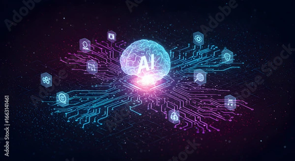 Obraz Artificial Intelligence in Digital Network, AI Brain Connecting Data and Technology Systems