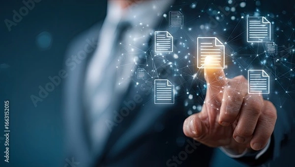 Fototapeta Man digitally interacts with floating document icons, showcasing document management