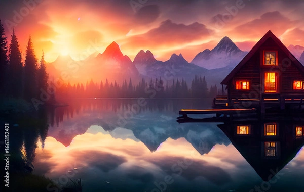 Obraz Cabin at sunset with mountains background
