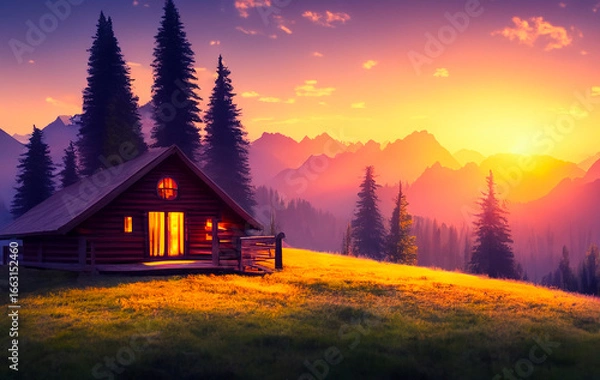 Obraz Cabin at sunset with mountains background

