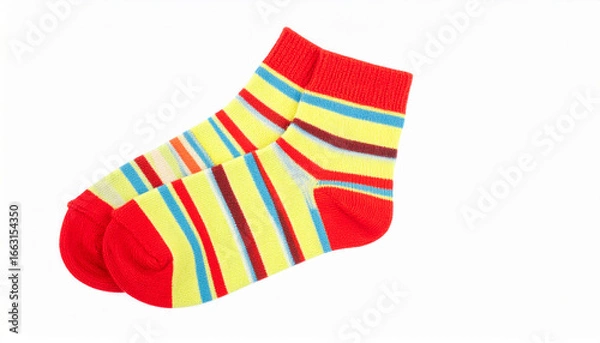 Fototapeta Two children’s socks with bright and colorful stripes, isolated on a clean white background. Fun and playful design for kids.