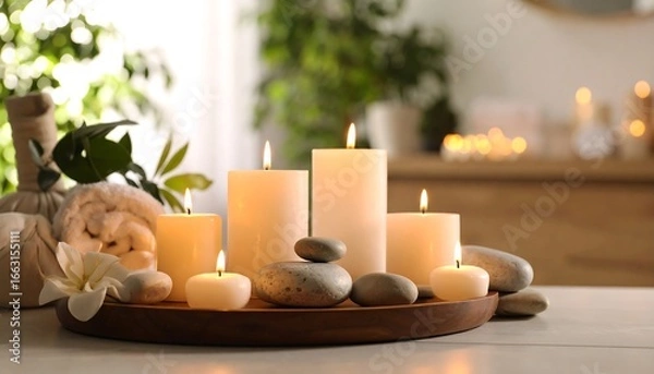 Obraz Spa candles and stones on a tray