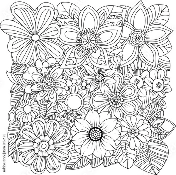 Fototapeta Intricate floral design a detailed black and white sketch of various flowers for coloring or decoration white background